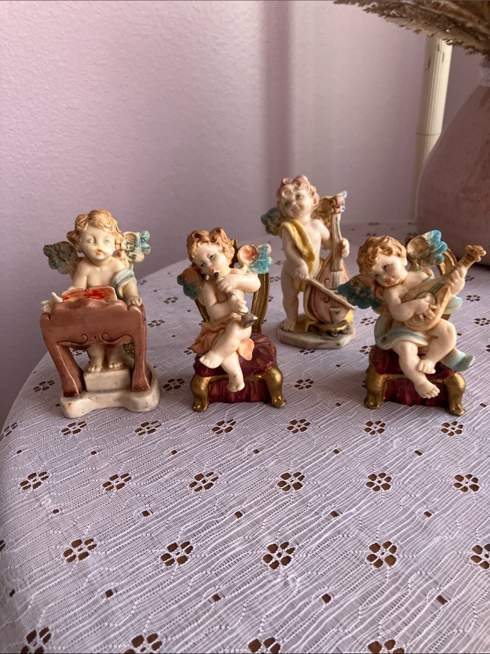 Set of 4 Cherub Musician Figurines - Cream, Gold, Blue Accents